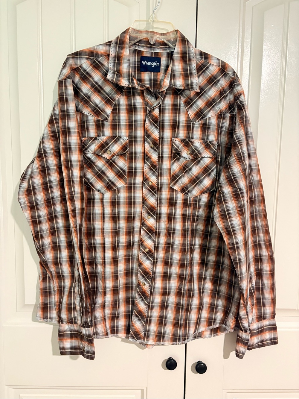 Wrangler Men's Orange and Brown  Plaid Western Shirt